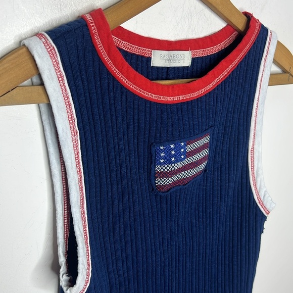 Ragabond Studio x Free People Farrah Flag Ribbed Tank Navy Blue Ringer Crop Top - Picture 6 of 14